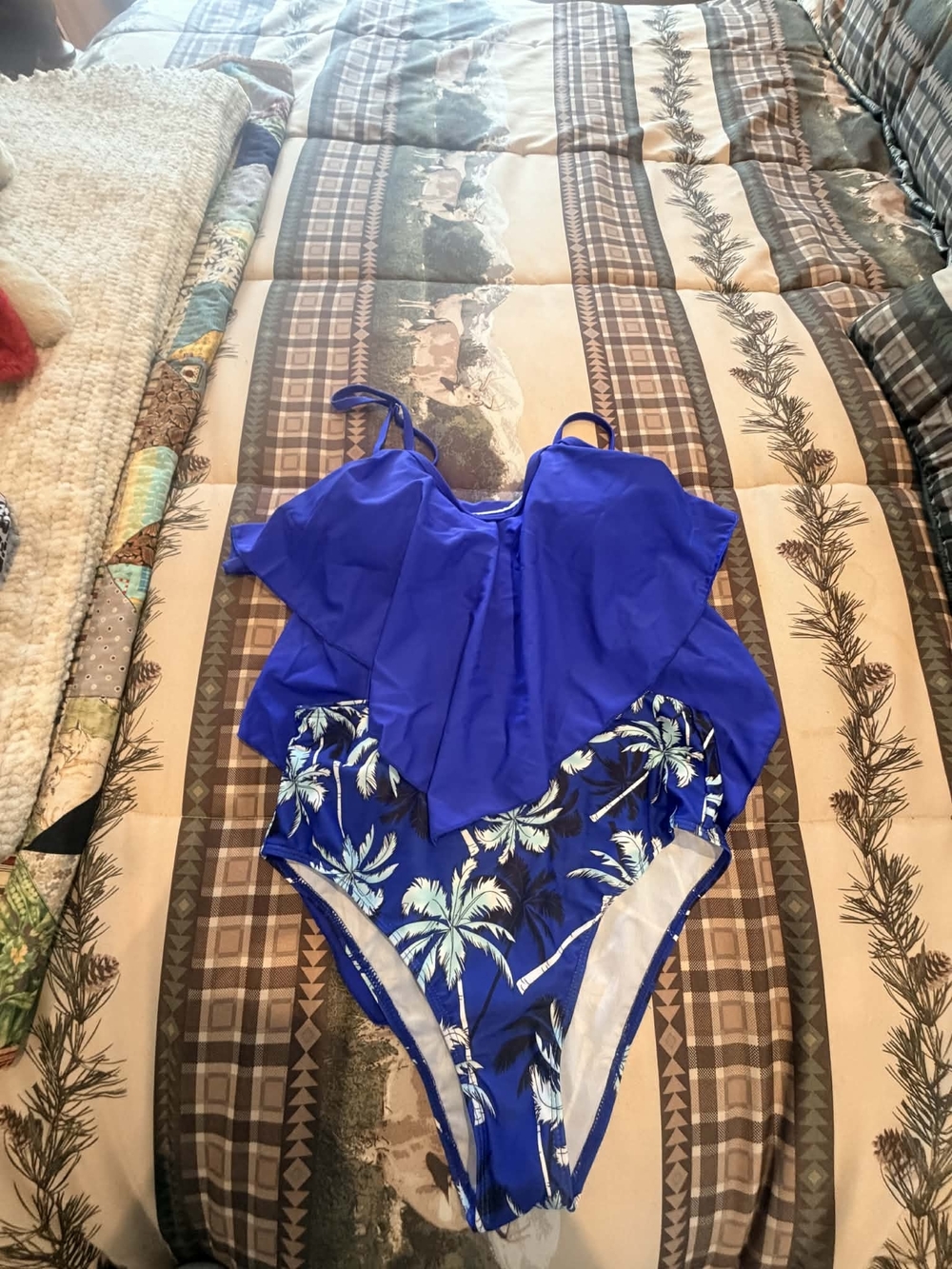 NWOT Blue Tropical Two-Piece Swim Suit with Ruffle Overlay